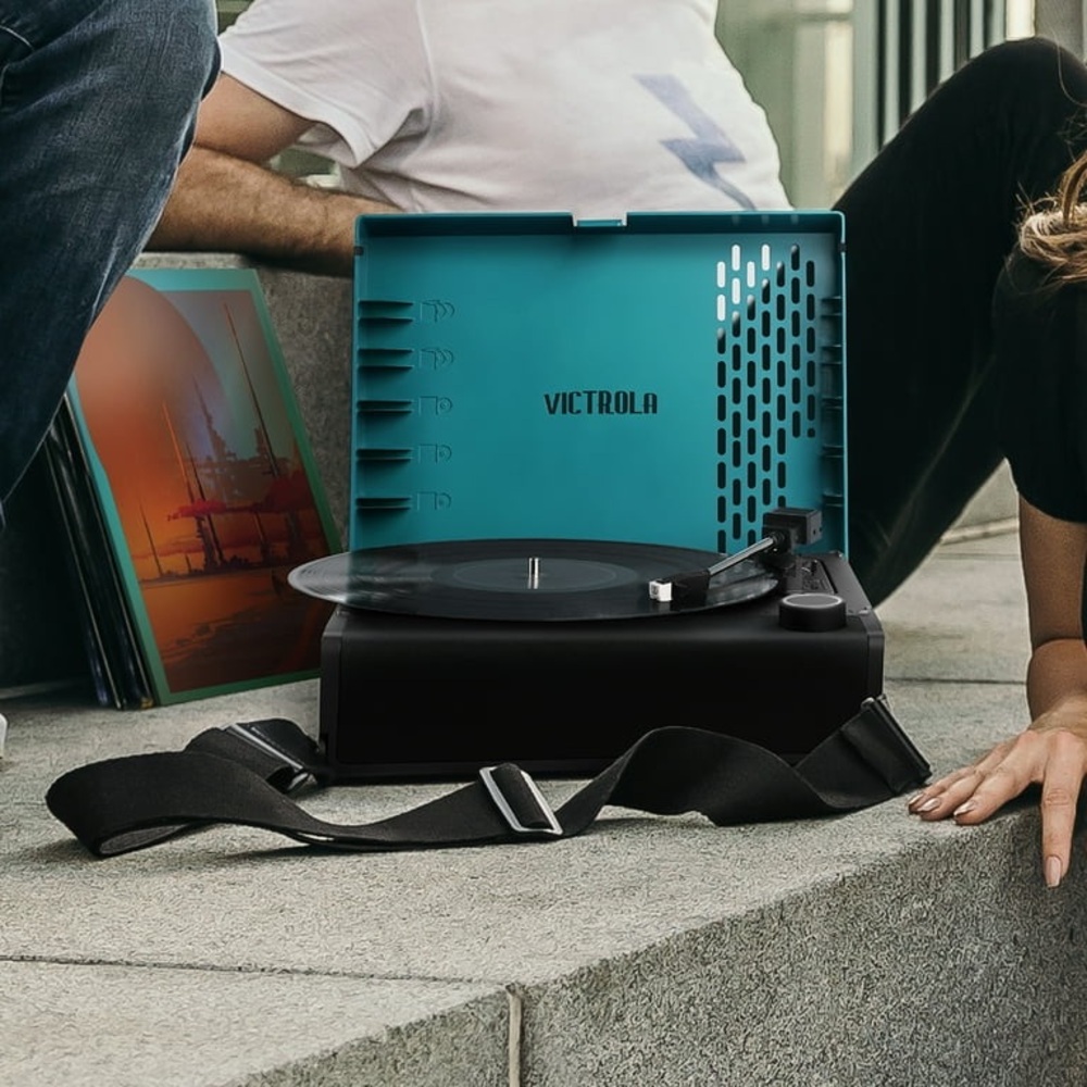 Victrola Revolution GO, a portable and rechargeable record player.